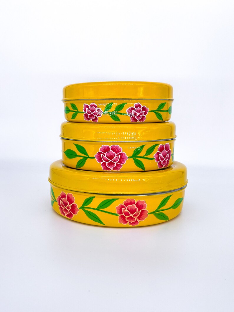 Bird Design Yellow Hand Painted Enamel Storage Box / Canister Set image 4