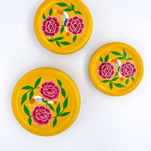 Bird Design Yellow Hand Painted Enamel Storage Box / Canister Set image 1