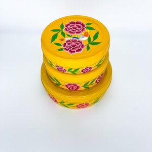 Bird Design Yellow Hand Painted Enamel Storage Box / Canister Set image 6