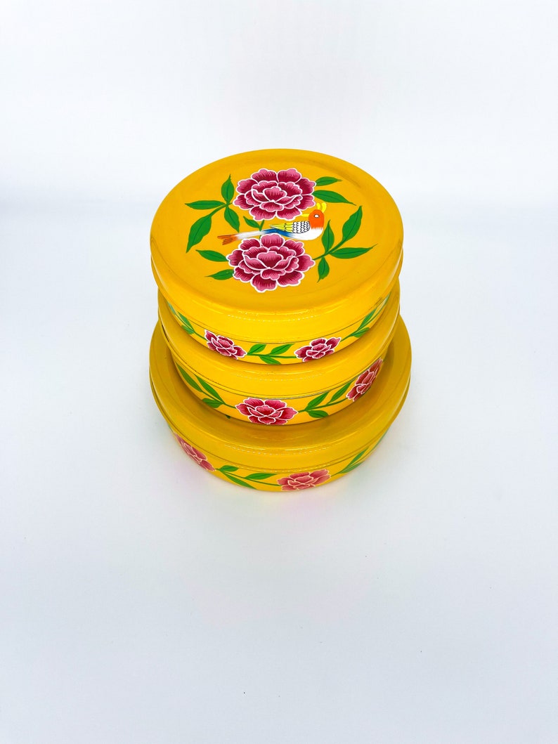 Bird Design Yellow Hand Painted Enamel Storage Box / Canister Set image 6