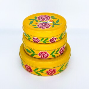 Bird Design Yellow Hand Painted Enamel Storage Box / Canister Set image 7