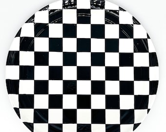 Checkered Black and white hand painted tray 13" Enamel