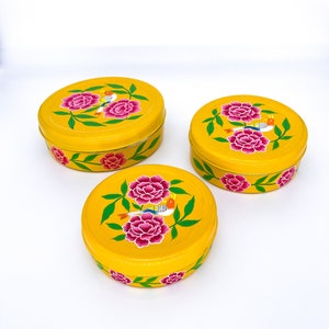 Bird Design Yellow Hand Painted Enamel Storage Box / Canister Set image 2