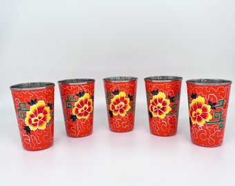 Orange Blume handbemalte Emaille Tasse 5er Set