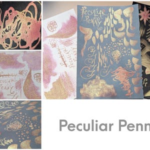 A grid with swatches of acrylic ink showing the sparkling metallic color and sheen of the ink 'Peculiar Penny' which is typed in the lower right. The ink is a pink mauve grape with a lime gold sheen. The swatches are on different paper types, one is white, one is grey, and one is black. The ink is shown in different writing styles, including cursive, script, and brush lettering.