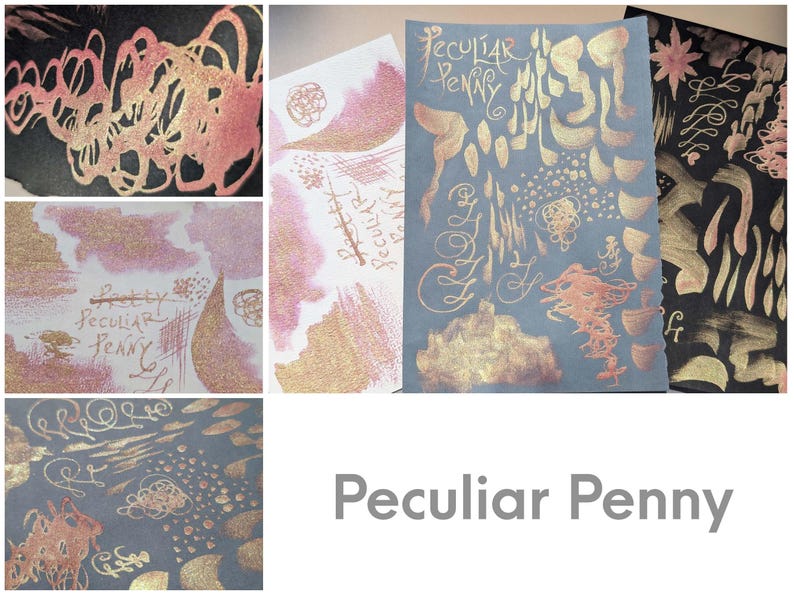 A grid with swatches of acrylic ink showing the sparkling metallic color and sheen of the ink 'Peculiar Penny' which is typed in the lower right. The ink is a pink mauve grape with a lime gold sheen. The swatches are on different paper types, one is white, one is grey, and one is black. The ink is shown in different writing styles, including cursive, script, and brush lettering.