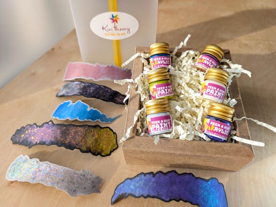 Acrylic paint set | iridescent paints sampler | mini craft kit | multichrome shimmer inks | color gift box | opal handmade paint | value set