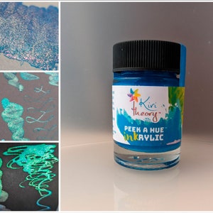 Colorshift handmade acrylic ink,  &quot;Sun Glitter&quot; ocean blue iridescent chromatic fluid paint,  shimmer ink, separating color, special effects