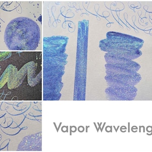 A collage grid with swatches of fluorescent purple sparkly colorshifting paint titled "Vapor Wavelength" on the lower right. The grid shows various abstract swatches of the acrylic ink featuring a dramatic color shift from matte neon purple to gold, green, and turquoise sparkles on black, grey, and white cardstock papers.