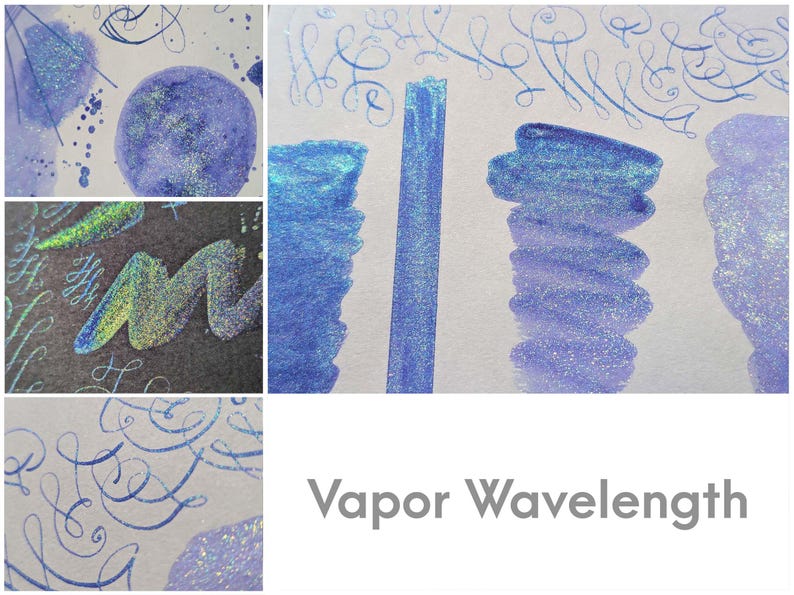 A collage grid with swatches of fluorescent purple sparkly colorshifting paint titled "Vapor Wavelength" on the lower right. The grid shows various abstract swatches of the acrylic ink featuring a dramatic color shift from matte neon purple to gold, green, and turquoise sparkles on black, grey, and white cardstock papers.