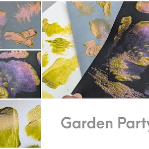 Collage featuring "Garden Party" yellow green to violet sparkle color changing paint on grey, white, and black cardstock. Color swatches show how the copper aurora super shifter flakes and violet pigments shimmer over different colored backgrounds. The lower right lists the name of the paint in text.