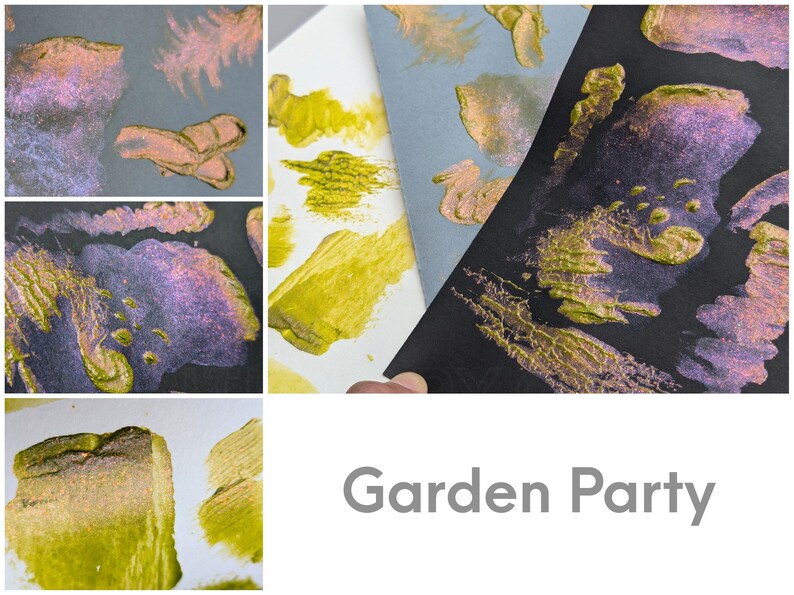 Collage featuring "Garden Party" yellow green to violet sparkle color changing paint on grey, white, and black cardstock. Color swatches show how the copper aurora super shifter flakes and violet pigments shimmer over different colored backgrounds. The lower right lists the name of the paint in text.