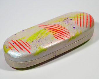 1980's fashion inspired iridescent eyeglass case, Memphis design style glasses case, hand painted clamshell eyewear case