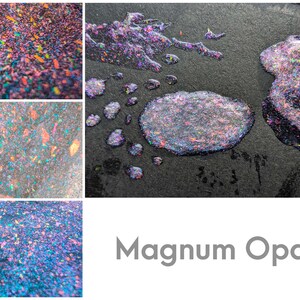 Collage featuring Kiri Theory Peek a Hue Paint swatches in the color "Magnum Opal", written in grey text on the lower right. Three color swatches on the left side show how the multi colored rainbow special effects flakes and pigments shimmer over black, white, and teal backgrounds from top to bottom in that order. The large swatch on the top right shows how the paint looks just like a colorful opal when applied thick on a dark background.