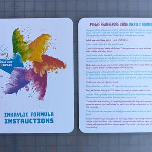 Instruction cards for Kiri Theory Inkrylic formula paint.  One card shows a colorful starburst logo design with the brand name and product name. The other card provides detailed instructions for use which can also be found in the listing description, and which will be included with each order.