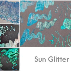 Collage featuring expressive swatches of "Sun Glitter" bright electric blue chromatic pearl acrylic ink. The swatches show how the iridescent special effects sparkles and pigments shimmer on white, black, and grey cardstock papers.