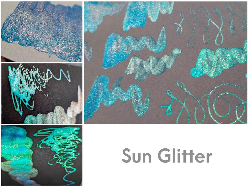 Collage featuring expressive swatches of "Sun Glitter" bright electric blue chromatic pearl acrylic ink. The swatches show how the iridescent special effects sparkles and pigments shimmer on white, black, and grey cardstock papers.