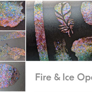 Collage featuring "fire and ice opal" acrylic paint. Four color swatches show how the rainbow special effects paint exhibits dramatic colorshift over black and light grey colored backgrounds. The iridescent paint swatches exhibit a pearlescent flash that shifts from a fiery red glow to bright copper, & then to neon lime green. Additionally, there are chunky rainbow flake sparkles throughout all three swatches. The lower right section shows the paint name in grey text.