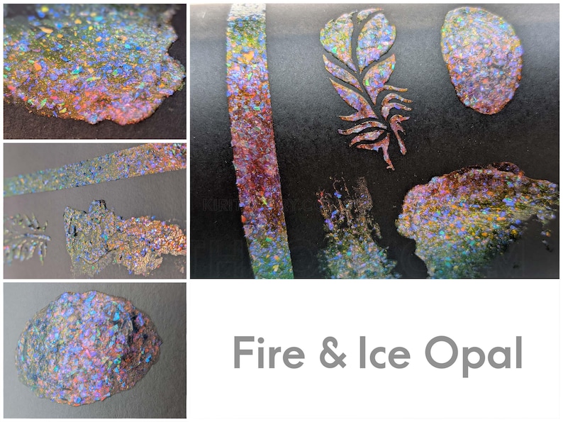Collage featuring "fire and ice opal" acrylic paint. Four color swatches show how the rainbow special effects paint exhibits dramatic colorshift over black and light grey colored backgrounds. The iridescent paint swatches exhibit a pearlescent flash that shifts from a fiery red glow to bright copper, & then to neon lime green. Additionally, there are chunky rainbow flake sparkles throughout all three swatches. The lower right section shows the paint name in grey text.