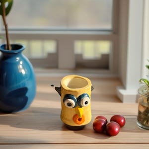 May include: A whimsical, yellow ceramic owl-shaped planter with large, expressive eyes and a bright orange beak. The planter sits on a wooden surface, accompanied by several red plums and a blue vase. The owl planter is a decorative item.