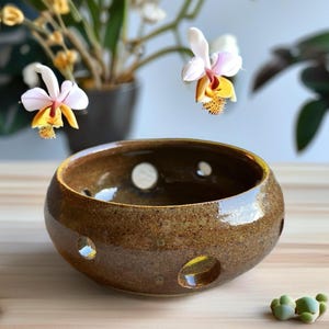 May include: A round, brown ceramic bowl with a speckled, glossy finish and several circular cutouts along the sides. The bowl has a wide opening and a smooth, curved exterior, showcasing a handcrafted appearance with earthy tones.