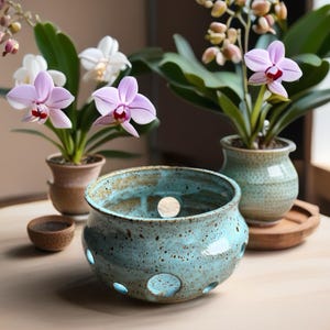 Pot à orchidées fait main avec trous de drainage, en céramique turquoise mouchetée.