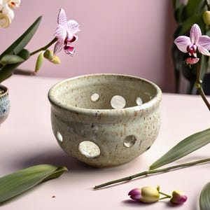 Maceta para orquídeas hecha a mano con orificios de drenaje, de cerámica beige moteada.