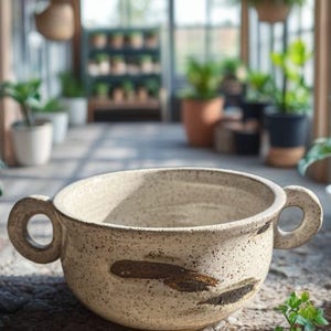 May include: A speckled, beige ceramic bowl with two loop handles. The bowl has a wide opening and is decorated with brown brushstrokes. The bowl is sitting on a stone surface, with plants in the background.