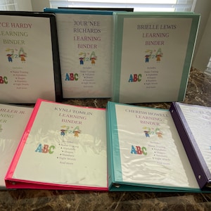 May include: A collection of eight colourful binders with the words "Learning Binder" on the front. Each binder has a different name and includes the letters "ABC" and the number "2" on the front. The binders are all closed and are sitting on a table.