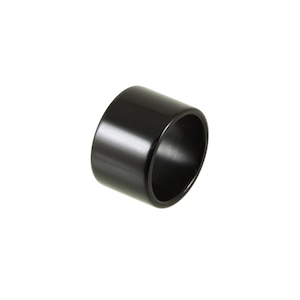 May include: A shiny black cylindrical object with a hollow interior. The object is a solid colour and appears to be made of a smooth material. The shape is a short cylinder, with a rounded edge.