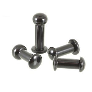 May include: A collection of four black, cylindrical body jewellery plugs with smooth, rounded ends. Each piece features a straight, hollow-like shaft connecting two flared, circular discs. The items have a glossy, reflective finish and are arranged in a cluster.