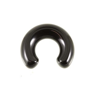 May include: A smooth, glossy black horseshoe-shaped body jewelry piece. This circular segment ring features a polished finish with a C-shaped design, open at the bottom, and rounded ends, creating a continuous curved silhouette for piercing.