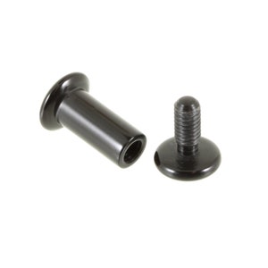May include: Two black metal rivets. One rivet is a hollow cylinder with a rounded head. The other rivet has a threaded post and a flat, rounded head. Both rivets are shown against a white background.