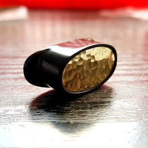 Delrin Oval Labret Plug With Hammered Brass Inlay | Choose size & length. Custom Lip Plug | Handmade to order