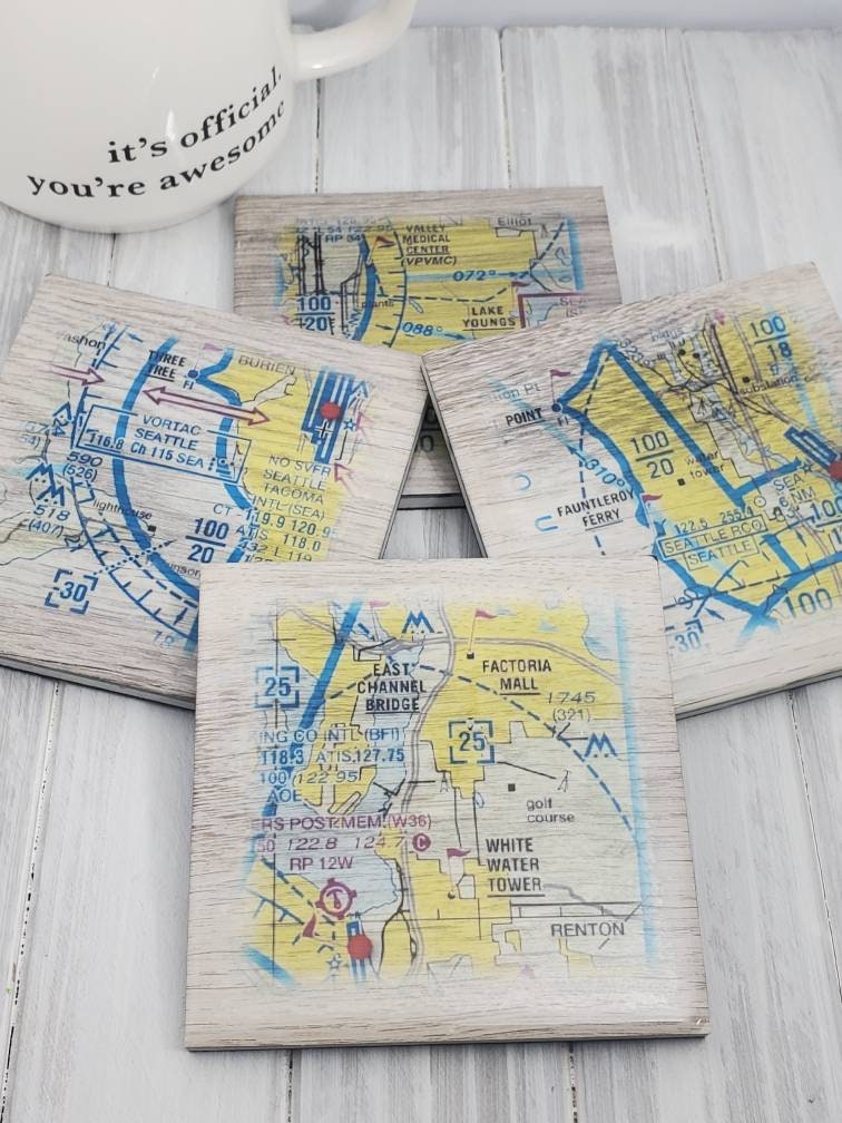 Seattle Aviation Chart Coasters, Pilot Gift, Set of 4 - Etsy