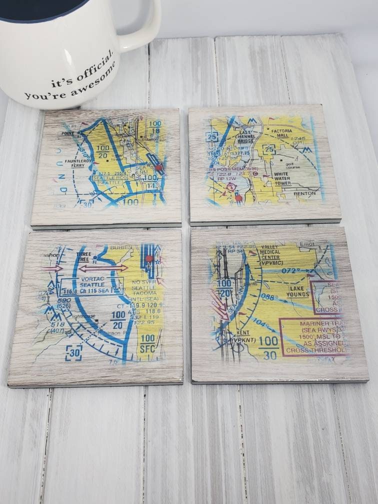 Seattle Aviation Chart Coasters, Pilot Gift, Set of 4 - Etsy