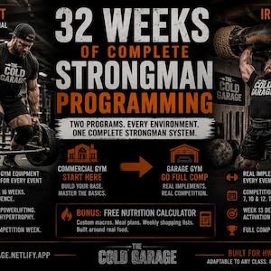 May include: Poster advertising a 32-week strongman training programme. The image shows two men lifting weights, with text detailing the programme's features, including gym options and a free nutrition calculator.