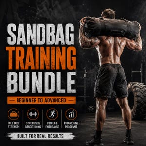 May include: A promotional image for a sandbag training bundle. The text reads "SANDBAG TRAINING BUNDLE" in large white and orange letters. The image also includes icons for full body strength, strength & conditioning, power & endurance, and progressive programs.