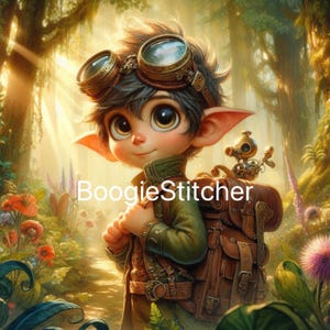 Puede incluir: Ilustración digital de un personaje de dibujos animados con ojos grandes, que lleva gafas y una mochila, caminando por un bosque. El personaje tiene orejas puntiagudas y está sonriendo. El texto "BoogieStitcher" está escrito en la imagen.