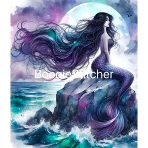 May include: A watercolour painting depicts a mermaid with long, flowing black hair, a purple tail, and a strapless top. She sits on a rock with the ocean in the background, under a full moon. The text "Boogiecher" is written on the image.