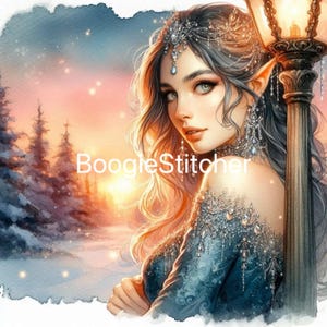 May include: A digital watercolor painting of a woman with long, flowing hair and pointed ears, adorned with ornate jewelry. She wears a blue dress with intricate detailing. The background features a winter landscape with a sunset and the text "BoogieStitcher".