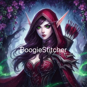 May include: Digital art of a fantasy character with long purple hair, green eyes, and pointed ears, wearing a red hooded cloak and armor. The image includes the text "BoogieStitcher" and a quiver of arrows. The background features a forest setting with purple flowers.