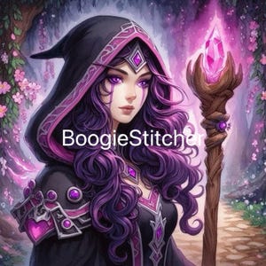 May include: Digital art of a woman with purple hair and eyes, wearing a black hooded cloak with pink accents. She holds a wooden staff topped with a large pink crystal. The image has the text "BoogieStitcher" on it.