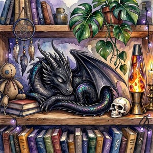 May include: A watercolor illustration of a black dragon with iridescent scales sleeping on a wooden shelf. The shelf features a voodoo doll, a dreamcatcher, a lava lamp, a human skull, a lit candle, and a potted monstera plant amidst many books.