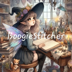 Puede incluir: Una joven bruja con un sombrero floral morado y verde y un ala de hada se sienta en una mesa leyendo un libro. La mesa está cubierta de libros, pociones y otros objetos mágicos.