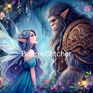 May include: A digital art print featuring a fairy and a beast in a mystical forest setting. The fairy has blue hair, wings, and a blue dress. The beast has long gray hair and wears ornate armor. The image includes the text "BoogieStitcher".