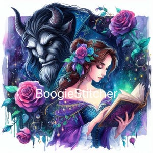 May include: Watercolor illustration featuring a woman reading a book, with the Beast from Beauty and the Beast in the background. The image has a fantasy theme, with roses and a starry night sky. The text "BoogieStitcher" is visible.