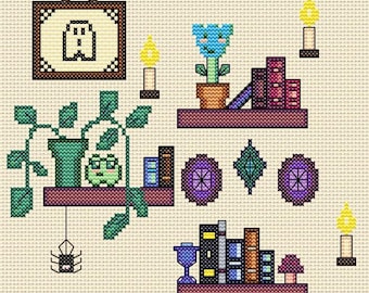 May include: Cross-stitch pattern featuring a whimsical bookshelf scene. Includes a framed ghost, potted plants, books, candles, and decorative elements. The color palette is primarily green, purple, brown, and yellow, creating a cozy, handcrafted aesthetic.