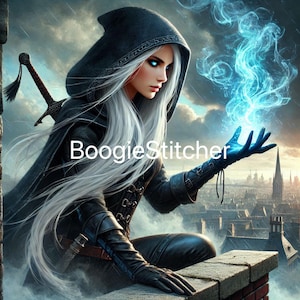 May include: A woman in a black hooded cloak with long white hair holds a glowing blue orb in her hand. She is standing on a rooftop overlooking a city.