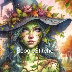 Op de afbeelding: Waterverfillustratie van een fantasievrouw met groene huid en blauw haar, die een blauwe heksenhoed draagt versierd met bloemen en bladeren. De tekst "BoogieStitcher" is zichtbaar.
